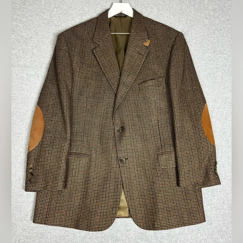 Evan Picone Blazer Mens 43R Houndstooth Wool Elbow‎ Patch Sport Coat Classic
